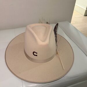 Cream Wide Brim Hat with Feather Accent
